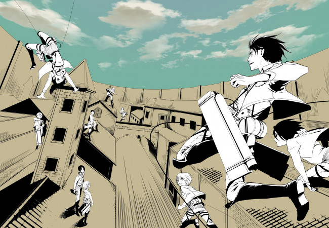 Обои картинки фото аниме, shingeki no kyojin, атака, титанов
