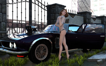 Картинка 3д+графика люди-авто мото+ people-+car+ +moto фон девушка взгляд