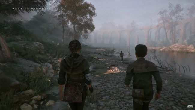 Обои картинки фото видео игры, a plague tale,  innocence, деревья, развалины, берег, река, галька, люди