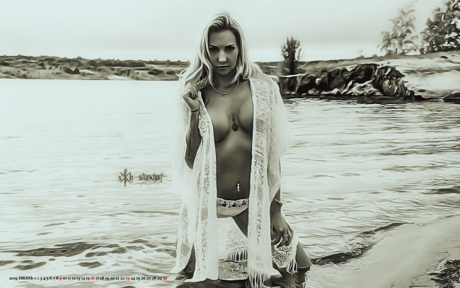 Обои картинки фото календари, компьютерный дизайн, девушка, водоем, эротика
