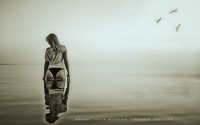 Обои картинки фото календари, компьютерный дизайн, водоем, девушка, отражение