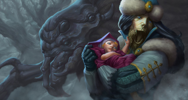 Обои картинки фото фэнтези, существа, ребенок, фон, мужчина, существо