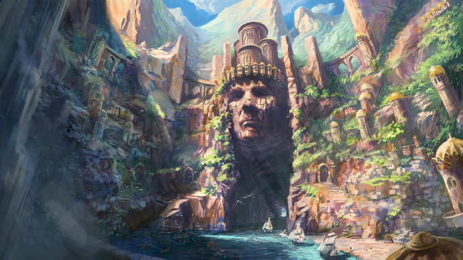 Обои картинки фото рисованное, города, город, фон, ущелье, лицо, корабль