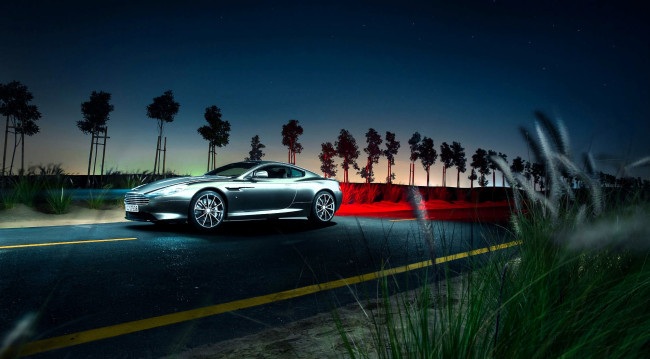 Обои картинки фото aston martin db9, автомобили, aston martin, серебристый, дорога, трава, деревья