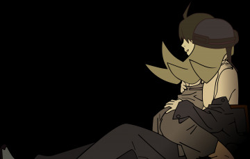 Картинка аниме bakemonogatari укус oshino+shinobu девушка платье шлем araragi+koyomi мужчина