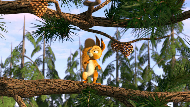 Обои картинки фото маша, медведь, мультфильмы, белка, шишки, хвоя