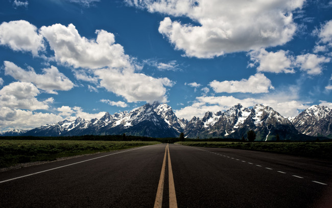Обои картинки фото grand, teton, national, park, природа, дороги, горы, облака