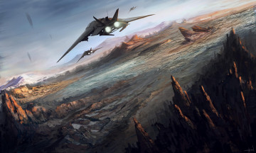 Картинка фэнтези космические корабли звездолеты станции горы