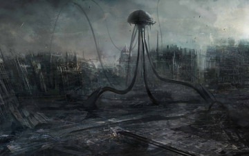 Картинка фэнтези роботы киборги механизмы город