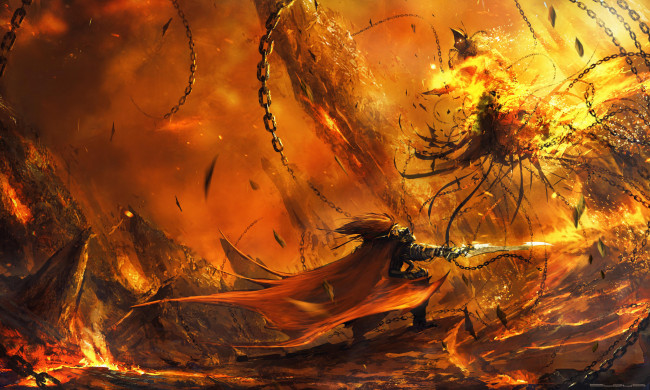 Обои картинки фото фэнтези, существа, огонь, цепь