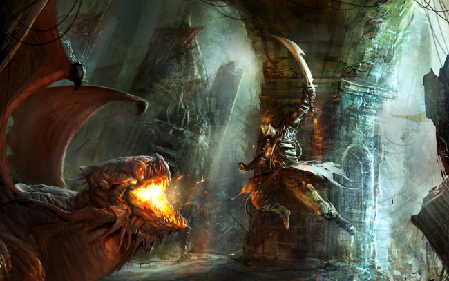 Обои картинки фото фэнтези, драконы, меч, огонь