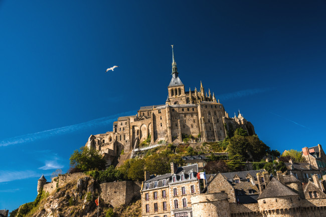 Обои картинки фото города, крепость, мон, сен, мишель, франция, небо, чайка