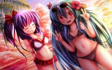 Картинка аниме touhou купальники девушки облака закат небо листья