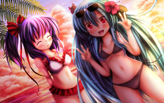 Обои картинки фото аниме, touhou, купальники, девушки, облака, закат, небо, листья