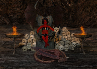 Картинка 3д+графика существа+ creatures дракон трон кастаника огонь взгляд черепа фон