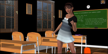 Картинка 3д+графика люди+ people взгляд девушка фон класс столы стулья доска