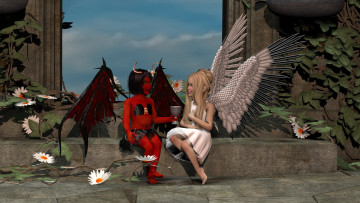 Картинка 3д+графика существа+ creatures демон ангел взгляд цветы чаша фон кастаника