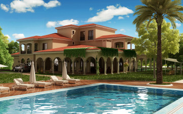 Картинка 3д+графика архитектура+ architecture облака деревья бассейн вилла