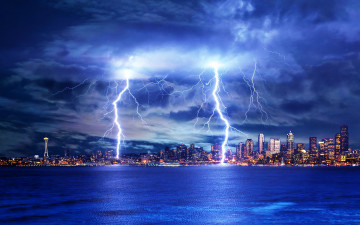 Картинка природа молния +гроза молнии ночь город