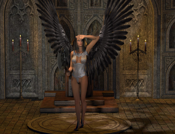 Обои картинки фото 3д графика, существа , creatures, девушка, взгляд, фон, демон, оружие, свечи