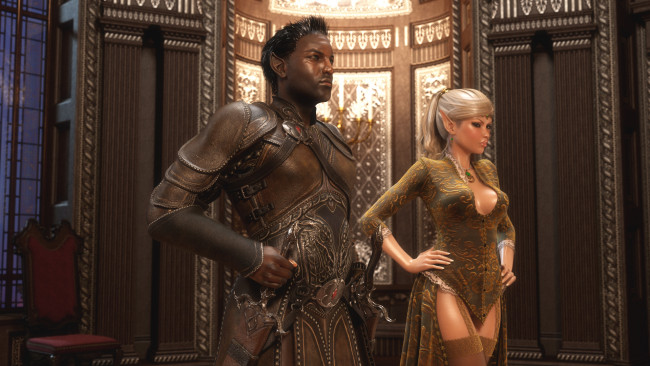 Обои картинки фото 3д графика, эльфы , elves, интерьер, мужчина, фон, взгляд, эльфийка