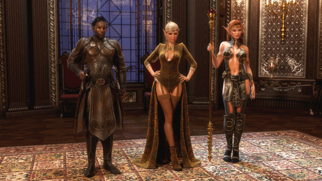 Обои картинки фото 3д графика, эльфы , elves, мужчина, фон, взгляд, эльфийки, интерьер