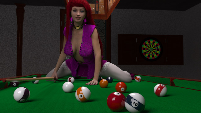 Обои картинки фото 3д графика, люди , people, шары, стол, девушка, фон, взгляд, бильярд