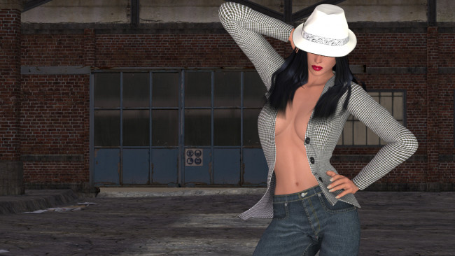 Обои картинки фото 3д графика, люди , people, шляпа, фон, взгляд, девушка