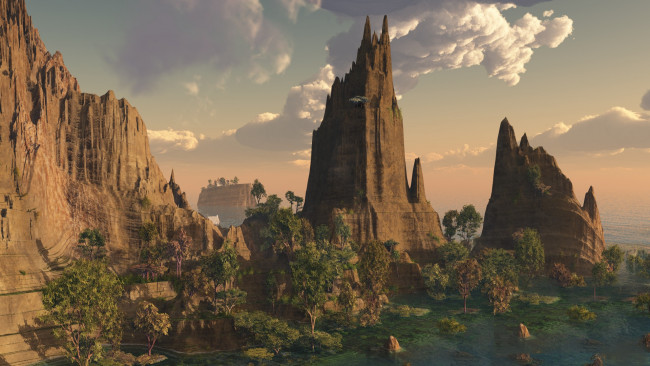 Обои картинки фото 3д графика, природа , nature, река, горы, деревья, облака