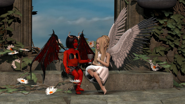 Обои картинки фото 3д графика, существа , creatures, демон, ангел, взгляд, цветы, чаша, фон, кастаника