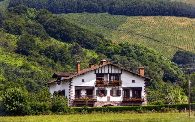 Обои картинки фото города, - здания,  дома, склон, поля, деревья, кусты, дом, navarre, baztan, испания