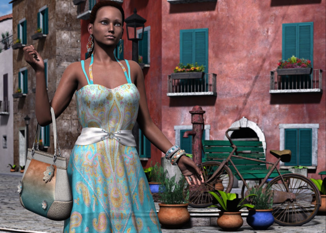 Обои картинки фото 3д графика, люди , people, девушка, сумочка, фон, взгляд