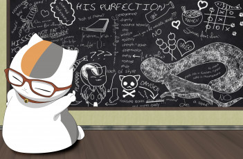 Картинка аниме natsume+yuujinchou текст natsume yuujinchou сердечки мел рисунки доска очки крестики-нолики тетрадь дружбы нацумэ nyanko-sensei