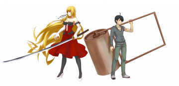 Картинка аниме bakemonogatari оружие парень девушка