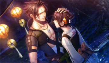 Картинка аниме toki+no+kizuna kazutake visual novel miko art фонари река ночь yukina suzumori toki no kizuna прическа двое свидание руки амулет