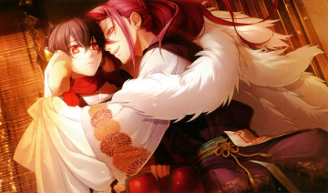 Картинка аниме toki+no+kizuna visual novel toki no kizuna miko красные глаза объятия art мех двое прическа кимоно yukina suzumori shin