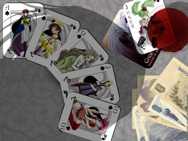 Обои картинки фото аниме, code geass, деньги, карты, тень