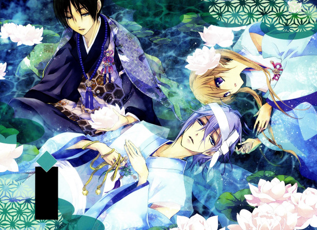Обои картинки фото аниме, unknown,  другое, друзья, трое, momochi-san, chi, no, ayakashi, ouji, узор, лотосы, вода, кимоно, aya, shouoto, art