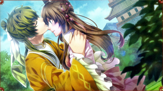 Обои картинки фото аниме, unknown,  другое, jyuzaengi, engetsu, sangokugen, листва, храм, румянец, прическа, поцелуй, chouun, kanu, teita, art