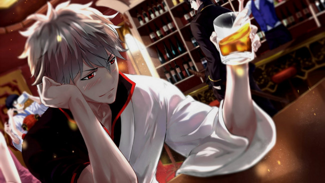 Обои картинки фото аниме, gintama, стакан, парни, гинтоки, бар