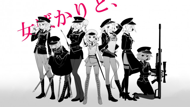 Обои картинки фото аниме, оружие,  техника,  технологии, фон, взгляд, девушки