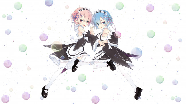 Обои картинки фото аниме, re,  zero kara hajimeru isekai seikatsu, фон, взгляд, девушки