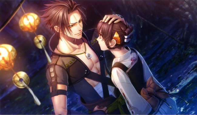 Обои картинки фото аниме, toki no kizuna, kazutake, visual, novel, miko, art, фонари, река, ночь, yukina, suzumori, toki, no, kizuna, прическа, двое, свидание, руки, амулет