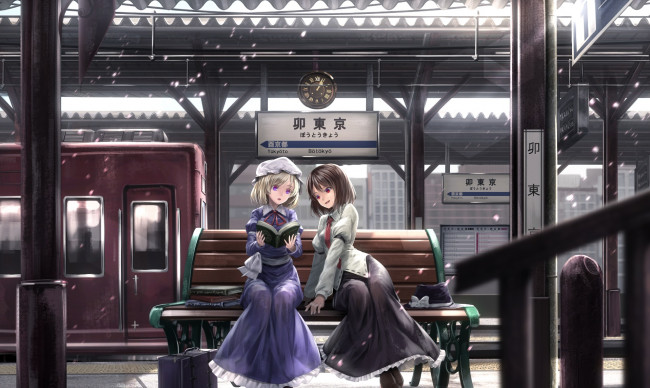 Обои картинки фото аниме, touhou, девушки, взгляд, фон