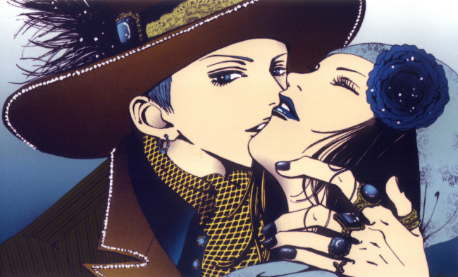 Обои картинки фото аниме, paradise kiss, yakari, hayasaka, george, koizumi, paradise, kiss, ai, yazawa, art, двое, поцелуй, шляпа