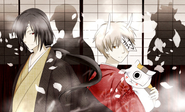 Обои картинки фото аниме, natsume yuujinchou, тетрадь, дружбы, нацумэ, matoba, seiji, кимоно, рога, лепестки, art, nyanko-sensei, takashi, natsume, yuujin, chou, yuki, midorikawa, тень