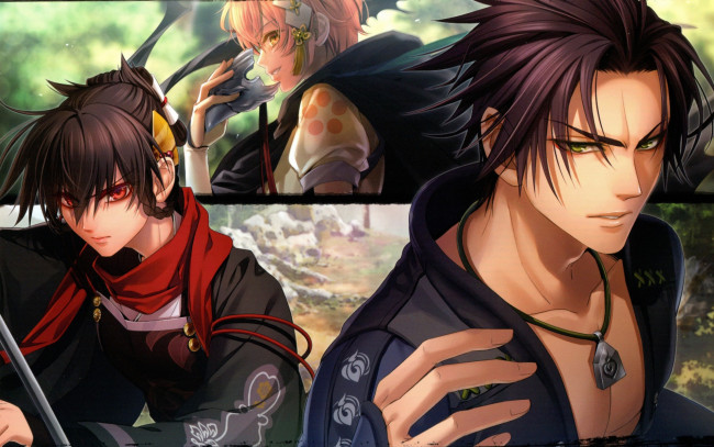 Обои картинки фото аниме, toki no kizuna, miko, art, красные, глаза, амулет, shuu, nagumo, маска, yukina, suzumori, kazutake, visual, novel, toki, no, kizuna, трое, прическа, шарф