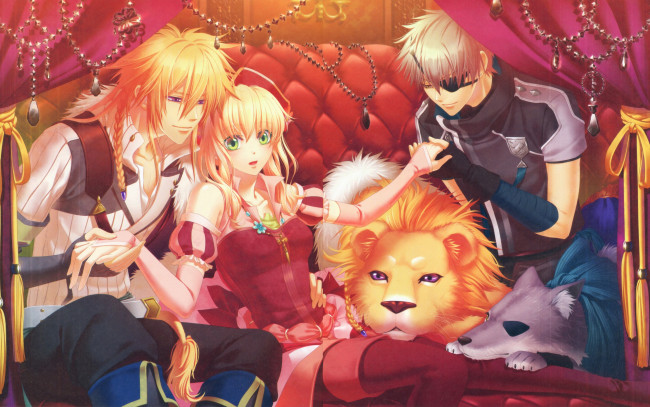 Обои картинки фото moujuutsukai to oujisama, аниме, украшения, повязка, волк, занавески, лев, miko, диван, art, tiana, matheus, alfred, visual, novel, beast, master, and, prince