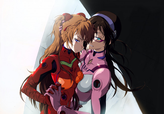 Обои картинки фото аниме, evangelion, фон, взгляд, девушки