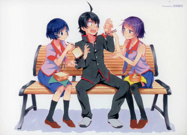 Обои картинки фото аниме, bakemonogatari, девушки, парень